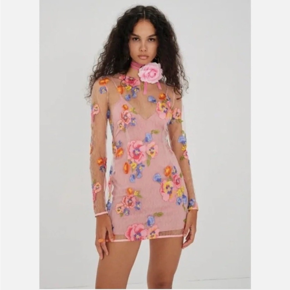For Love And Lemons Multicolor Floral Mesh Mini Dress